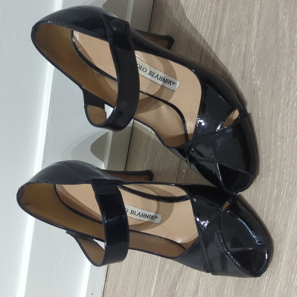 Manolo Blahnik black patent peep toe Mary Janes